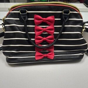 Betsey Johnson Black and White Striped Shoulder Bag with Red Bow Accents